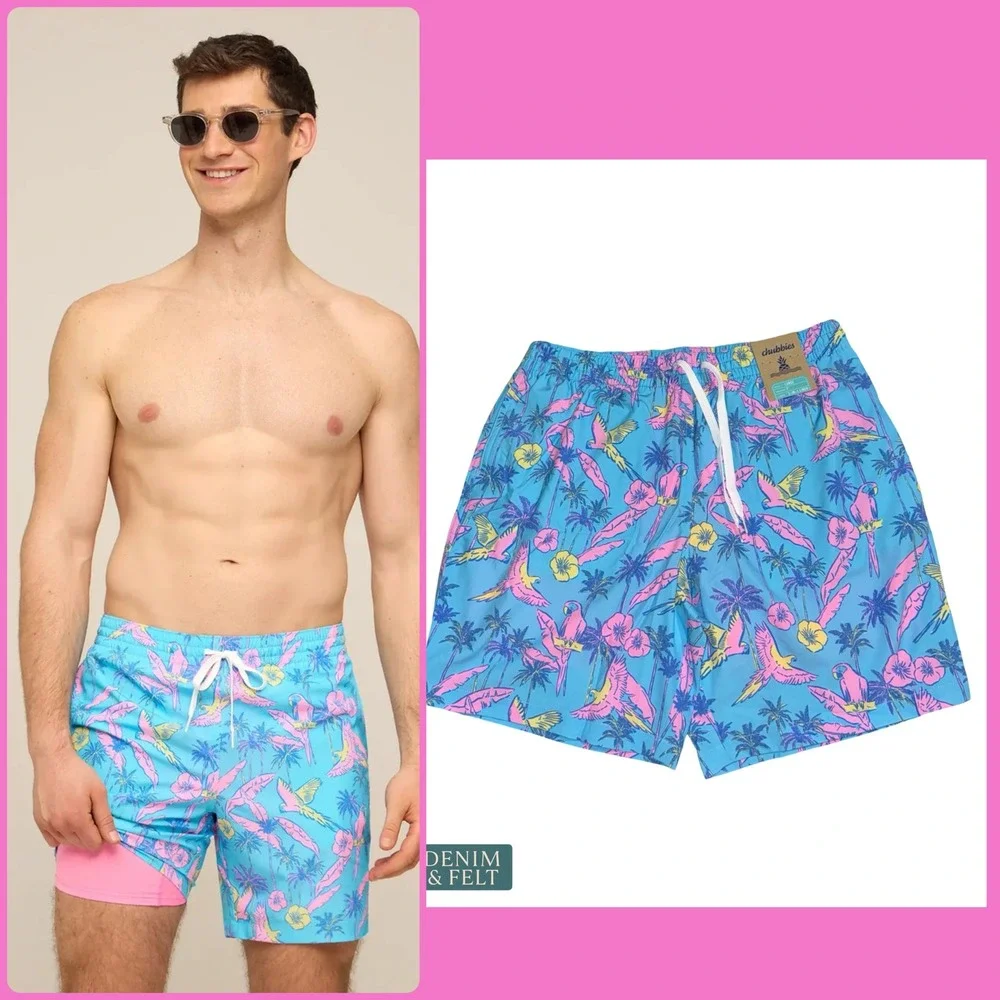 NEW Chubbies The Flock Parties Swim Trunks Blue Parrot 7 Inch Inseam Lined Large